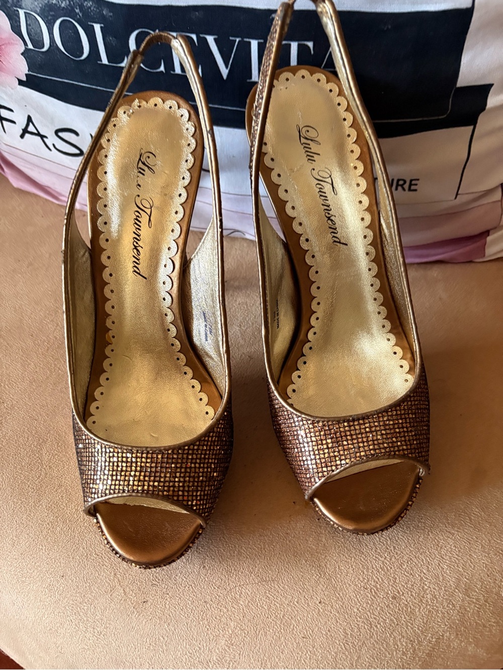 Lulu Townsend Metallic Bronze Open-Toe Slingback Heels